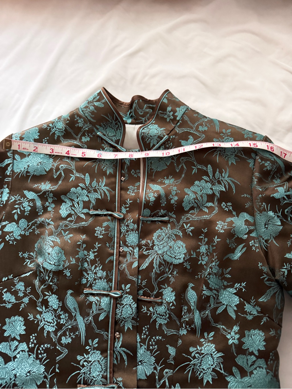 Traditional Floral Brocade Jacket - Teal On Brown — image 8 of 8